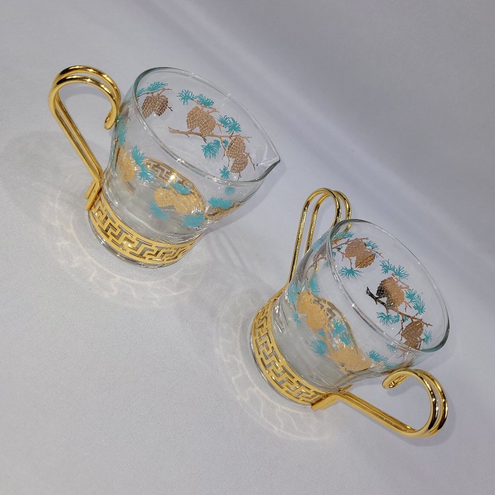 Libbey Creamer & Sugar Bowl Vintage Gold Metal Glass Turquoise Leaf Pinecone Set